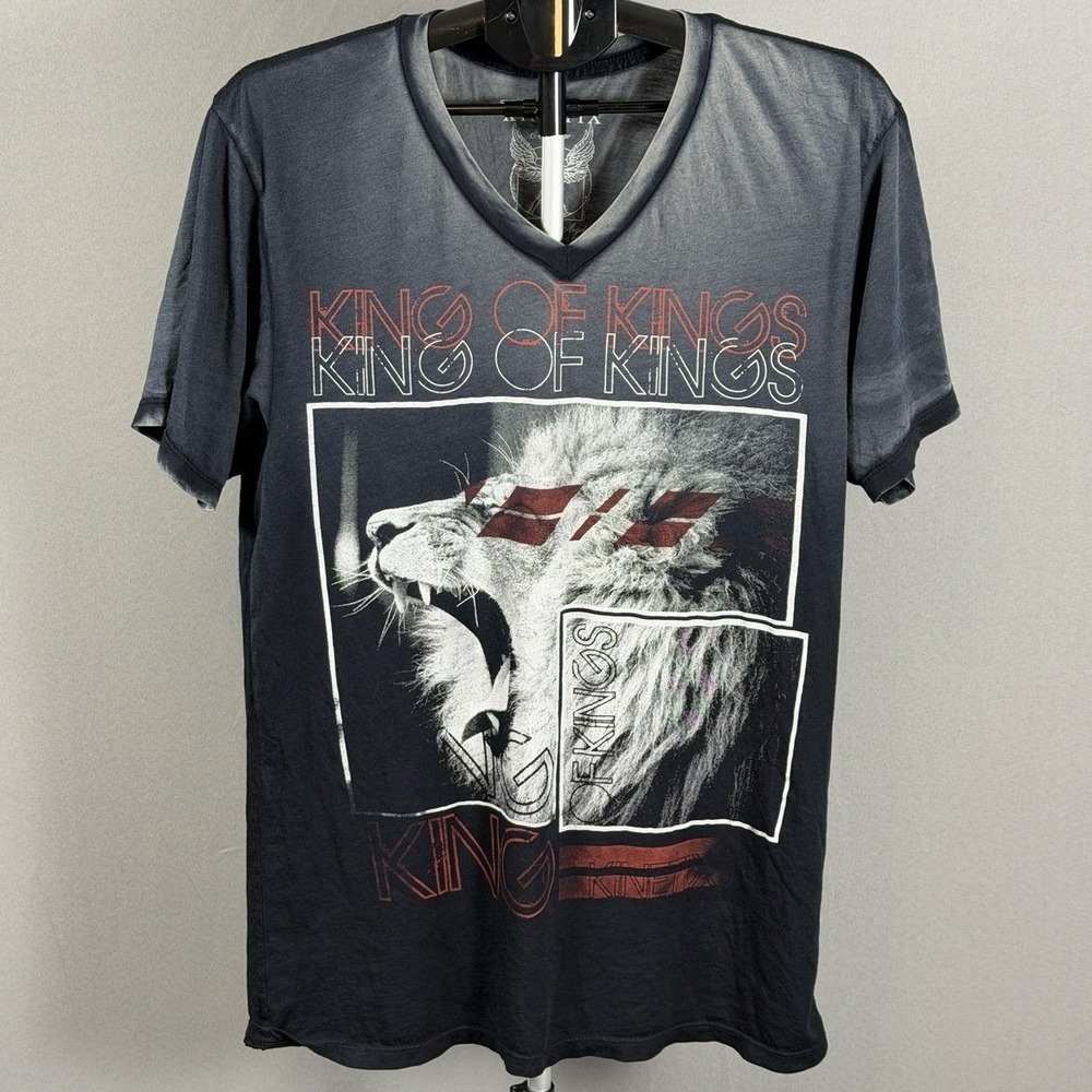 Kinetix Shirt Mens XL Black Gray King Of Kings Lion Graphic V Neck USA